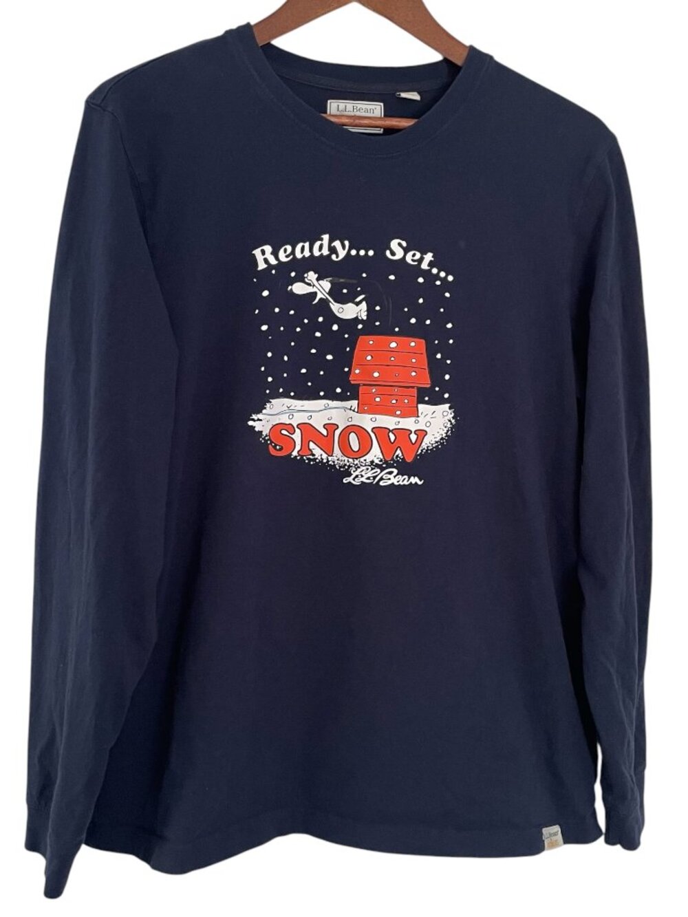 LL Bean x Peanuts Snoopy T Shirt Large Navy Blue Ready Set Snow Long Sleeve Top